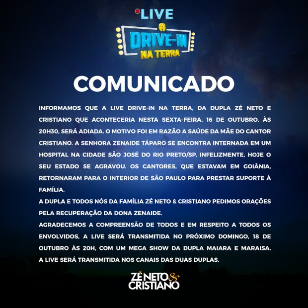Comunicado oficial do cancelamento (Foto: Divulgação)