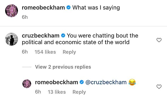 A provocação de Cruz Beckham compartilhada na foto do irmão Romeo Beckham (Foto: Instagram)