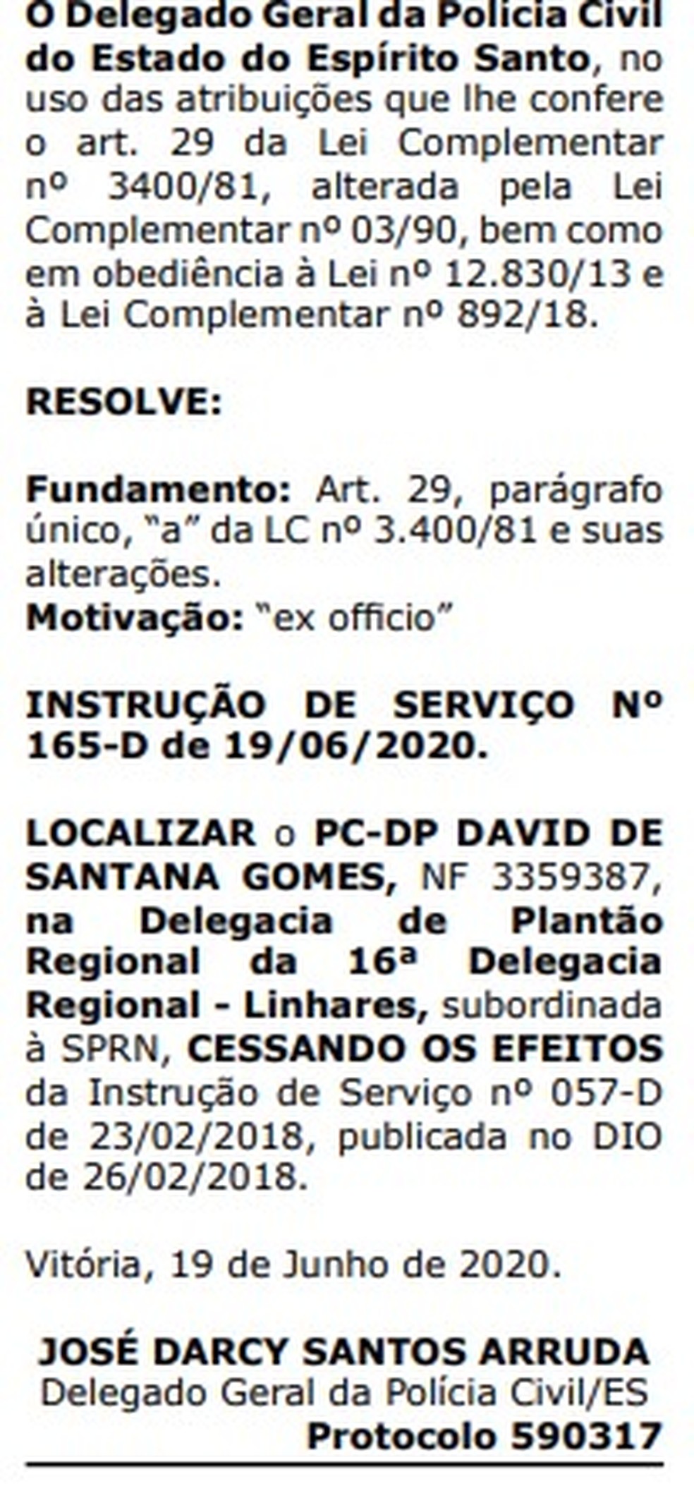 Transferência foi publicada no Diário Oficial desta segunda-feira (22)  — Foto: Reprodução/Diário Oficial do Governo do ES