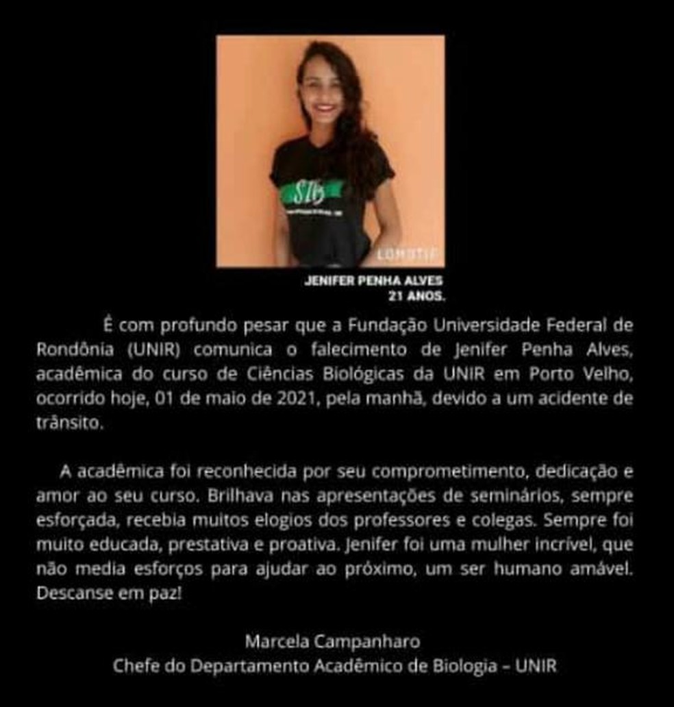 Unir presta homenagens a aluna que morreu em acidente de trânsito em Porto Velho — Foto: Reprodução/Unir