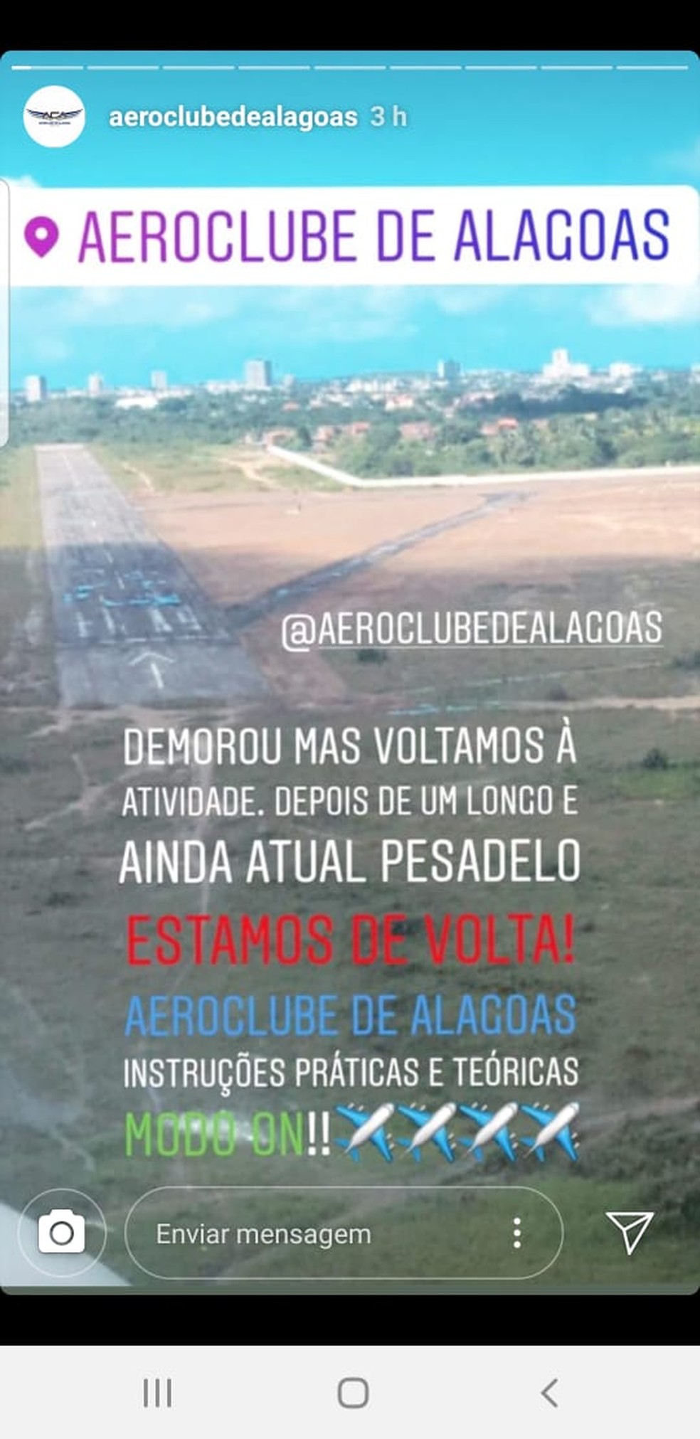 Post do Aeroclube de Alagoas sobre retomada das atividades â Foto: ReproduÃ§Ã£o/Instagram