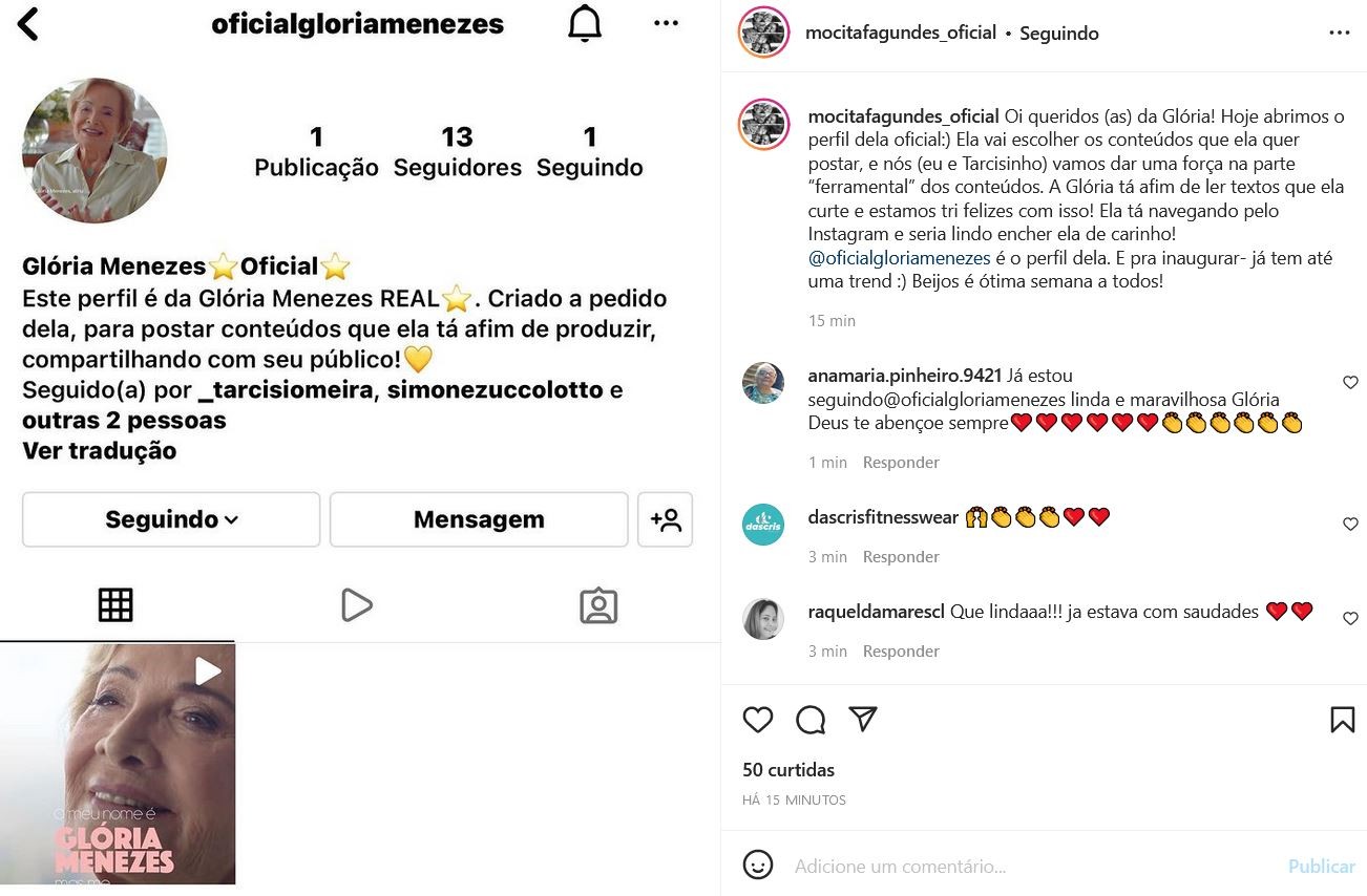 Nora de Glória Menezes cria perfil no Instagram para a atriz (Foto: Reprodução/Instagram)