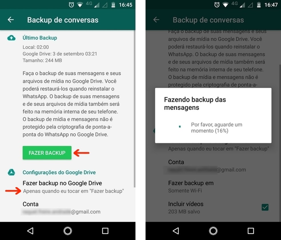 Confirme a preparação de backup de conversas do WhatsApp para Android — Foto: Reprodução/Raquel Freire