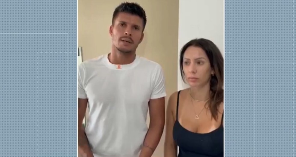 Léo Campos, atual jogador do Botafogo-PB, e a noiva Adriana Borba — Foto: Reprodução/TV Cabo Branco