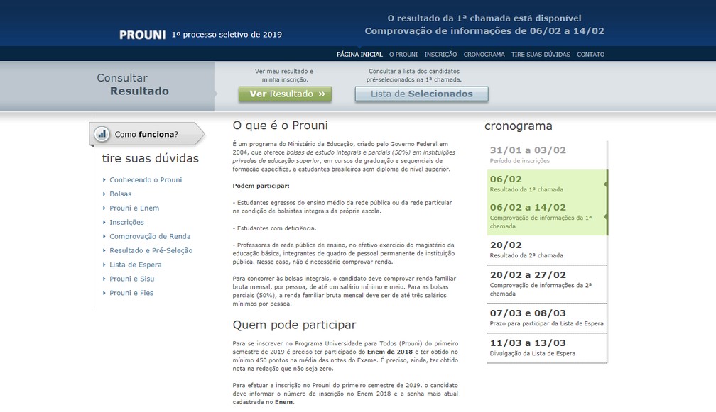 Resultado do Prouni 2019 foi divulgado nesta quarta (6). — Foto: Reprodução/Página do Prouni