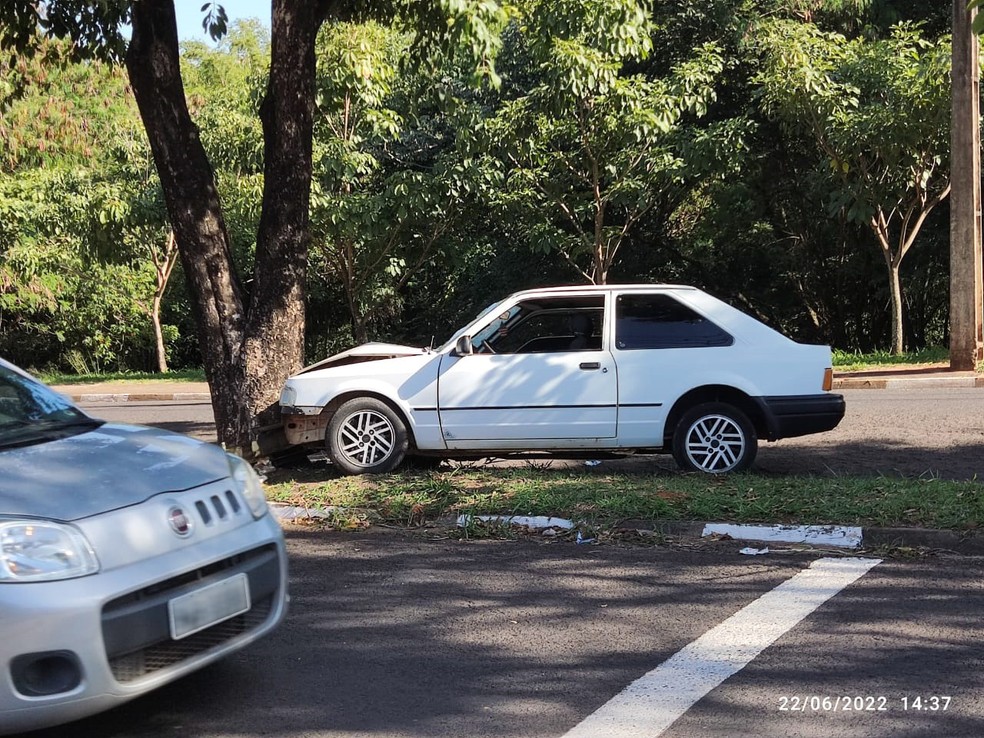 Carro bateu de frente em árvore no canteiro central da Avenida JK— Foto: Ricardo Nunes da Silva