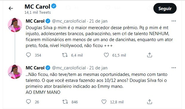 MC Carol declara torcida a Douglas Silva (Foto: Reprodução/Twitter)