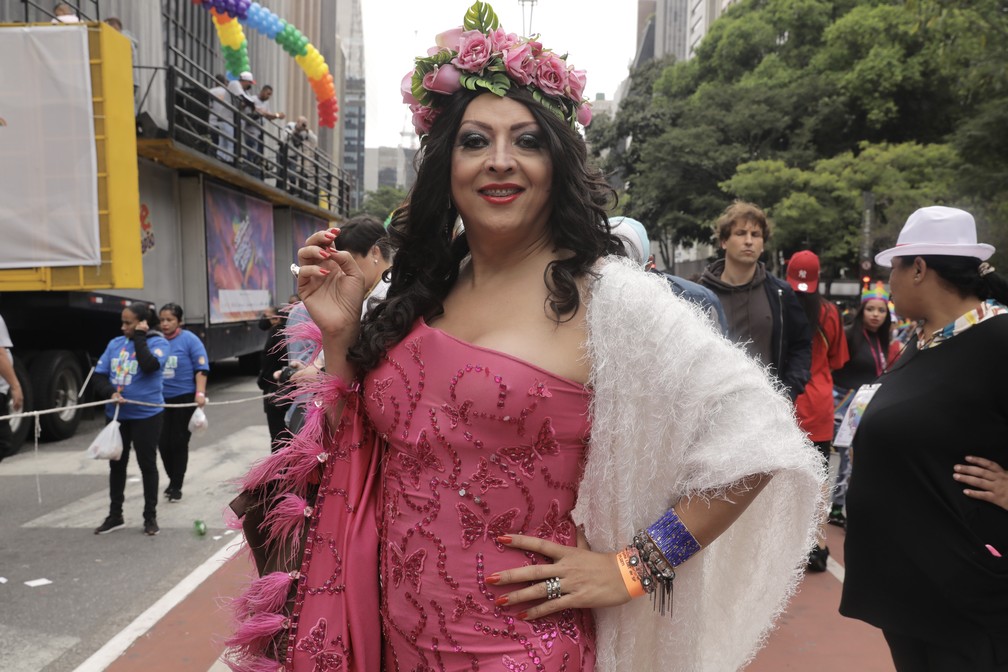 Renata Peron durante a 26º Parada LGBT+ neste domingo (19) — Foto: Celso Tavares/g1