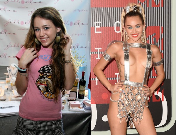 Miley Cyrus aos 14 anos em 2006 e aos 23 durante o VMA (Foto: Getty Images/Reprodução)