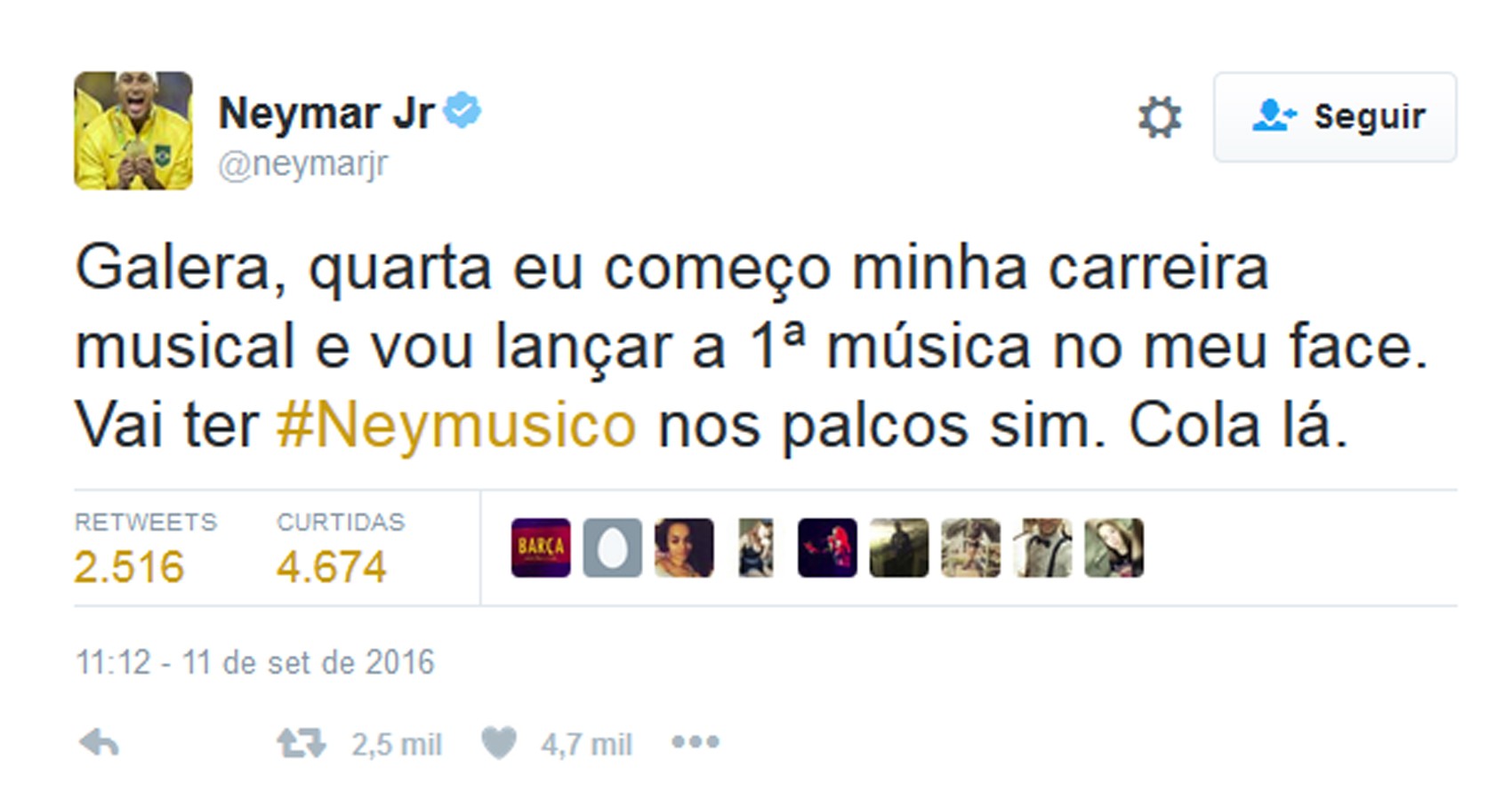 Neymar anunciou carreira musical (Foto: Reprodução/Twitter/Neymar Jr)