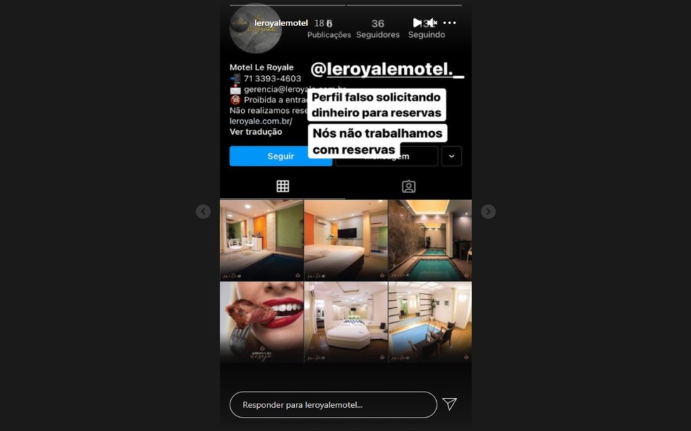 Publicação do Motel Le Royale informando sobre o perfil falso — Foto: Reprodução/Instagram