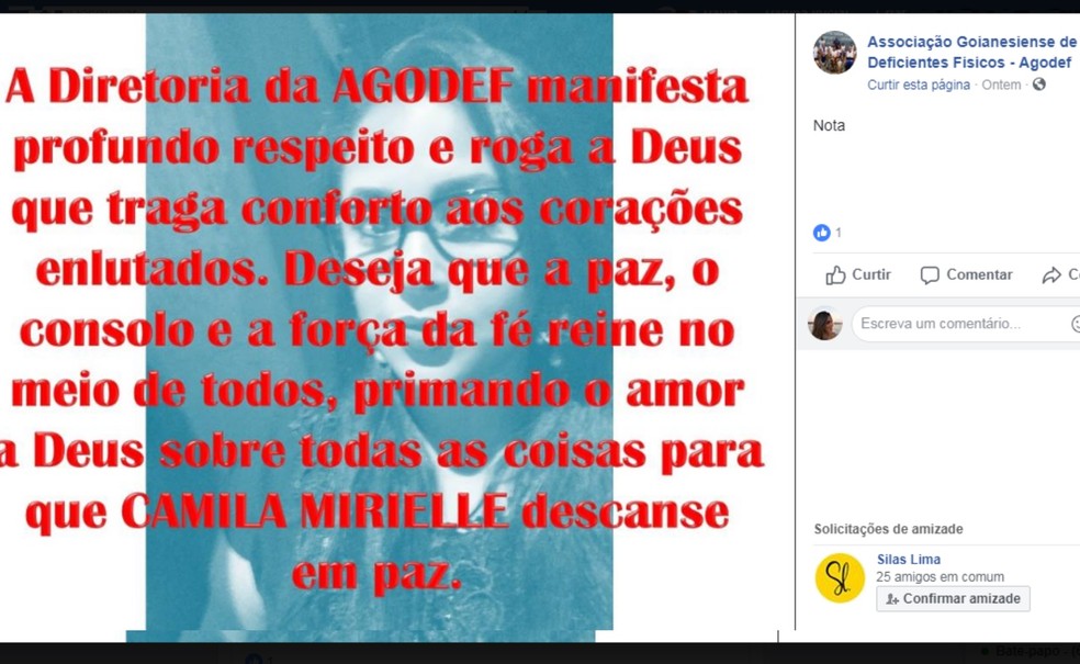 Associação Goianiense de Deficientes Físicos lamenta morte de Camila Mirielle em Goianésia (Foto: Reprodução/ Facebook)