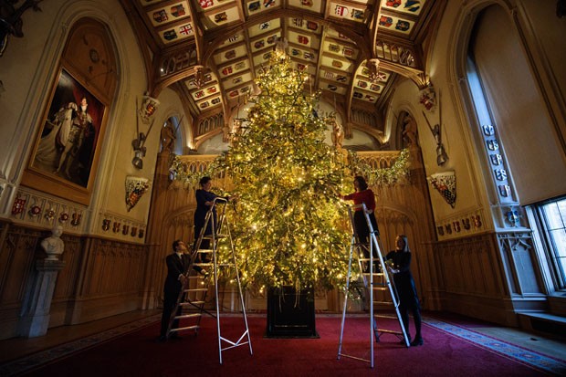WINDSOR, ENGLAND - NOVEMBER 23: Employees pose with a 20ft Nordmann Fir tree from Windsor Great Park in St George's Hall which has been decorated for the Christmas period on November 23, 2017 in Windsor Castle, England. The Windsor Castle State Apartments (Foto: Getty Images)