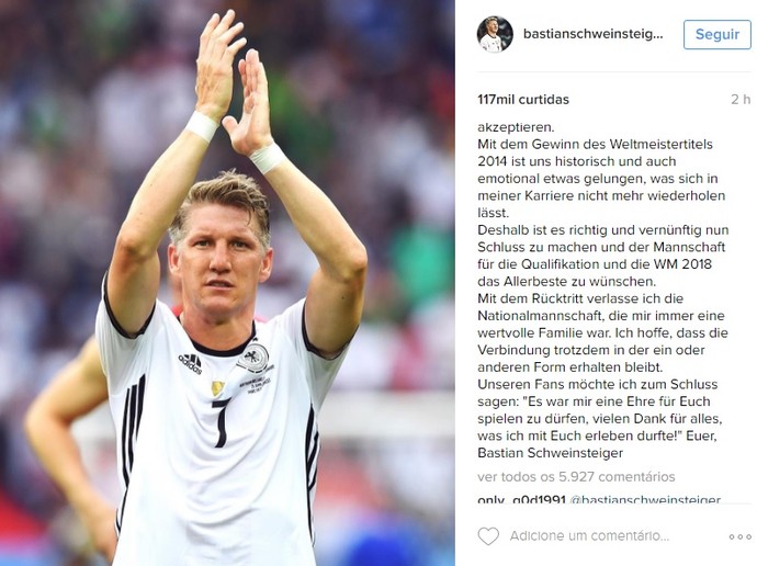 Schweinsteiger Aposentadoria Alemanha (Foto: Reprodução/Instagram)