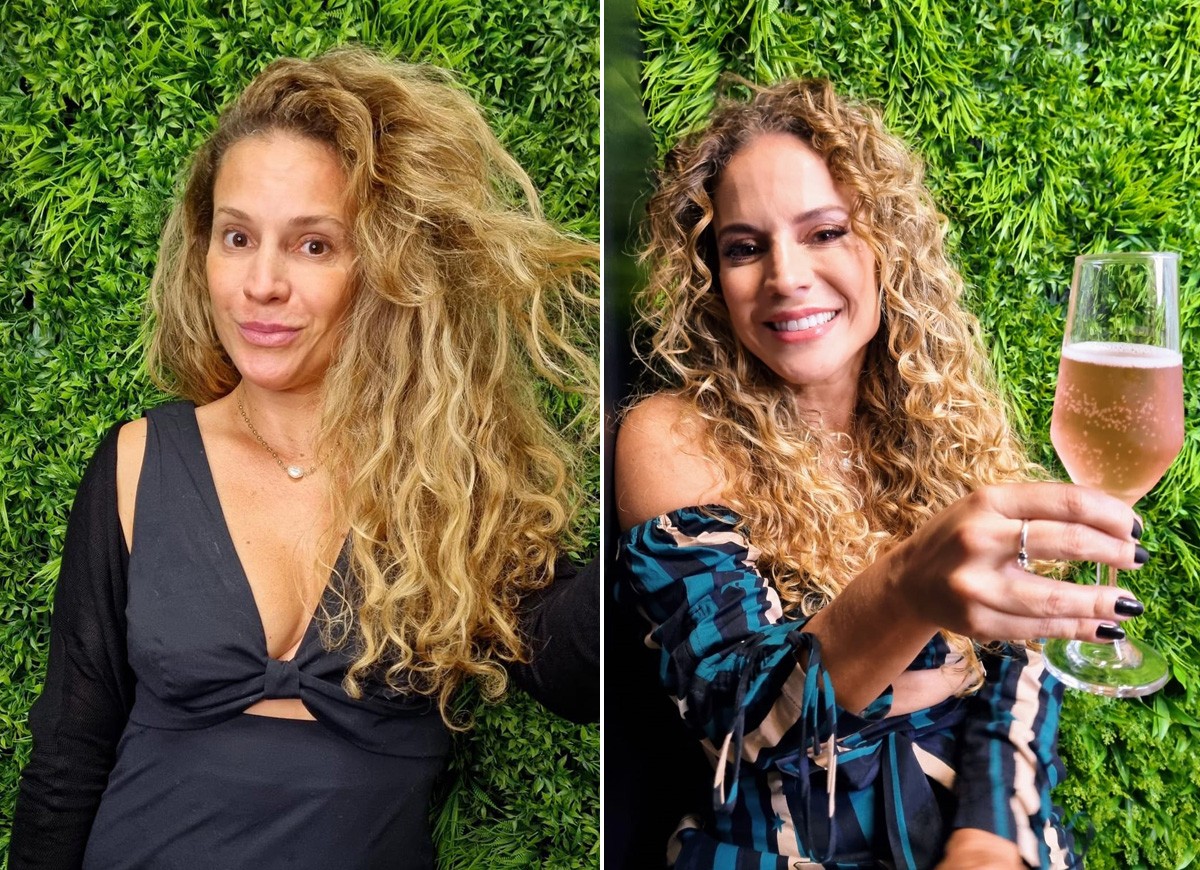 Maíra Charken antes e depois de dia de beleza (Foto: Daniel Delmiro/AgNews)