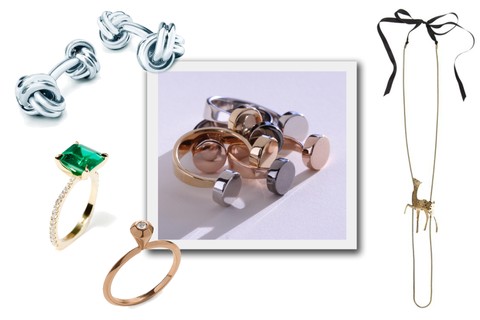 JOIAS: para eles, as abotuaduras da Tiffany's por R$2.650; anéis da Ava na Amoreira por R$ 900 (cada); colar Lanvin por R$ 3.500; anel de ouro rosa Jack Vartanian por R$ 1.900; e anel Ara Vartanian por R$ 78 mil 