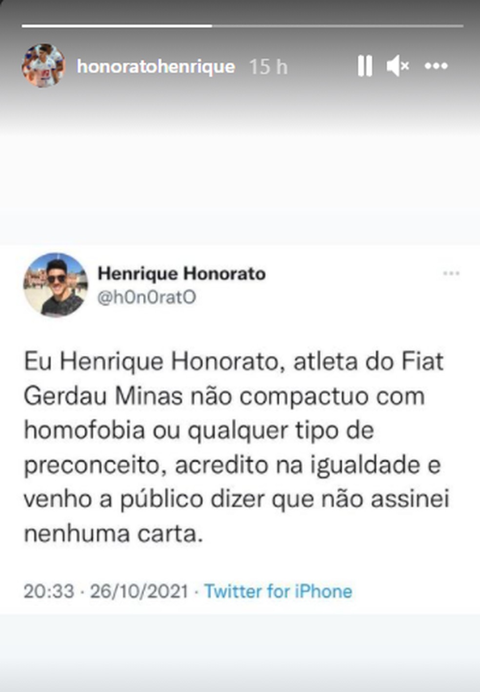 Postagem de Henrique Honorato no Instagram — Foto: Reprodução Instagram Henrique Honorato