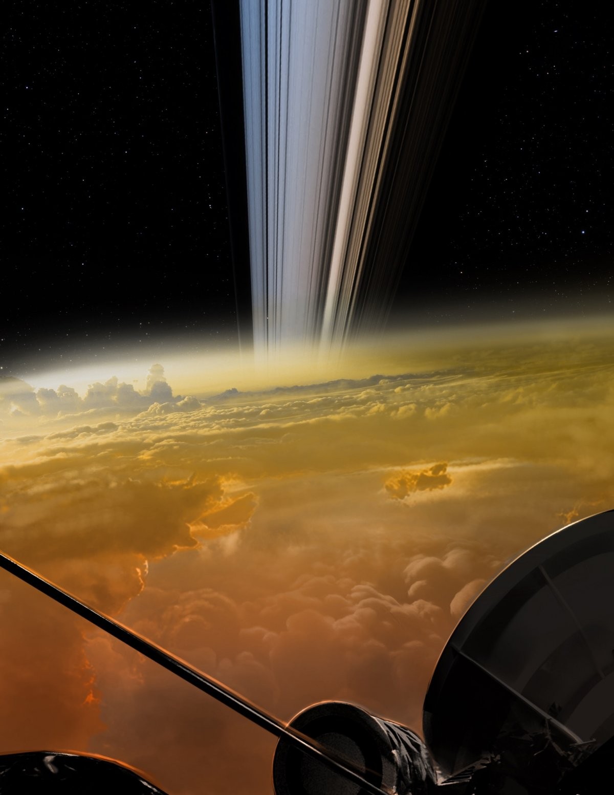Representação artística do que Cassini pode ter visto durante seus últimos mergulhos nas nuvens de Saturno (Foto: NASA/JPL-Caltech)