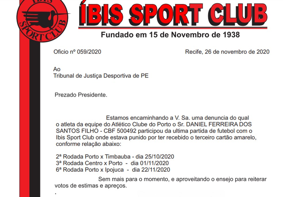 Em ofício, Íbis denuncia Porto por escalação irregular de atleta — Foto: Reprodução