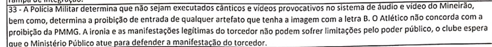 Proibição da Polícia Militar para o clássico entre Atlético-MG e Cruzeiro — Foto: Reprodução