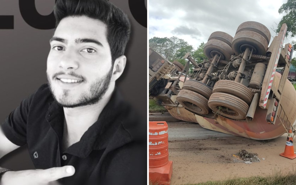 Ueber Fonseca Soares e a carreta que ele dirigia quando sofreu acidente na BR-060, em Goiás — Foto: Reprodução/Câmara Municipal de Cariri do Tocantins e Divulgação/Polícia Roviária Federal