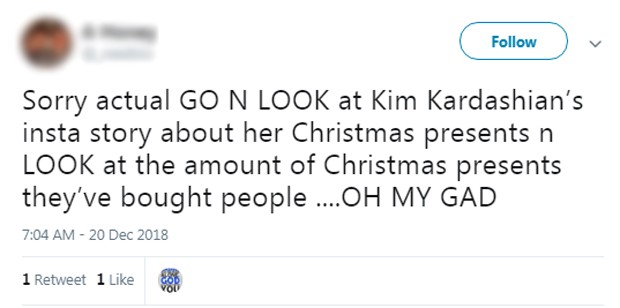 Comentário de fã sobre presentes de Kim Kardashian (Foto: Reprodução/Twitter)