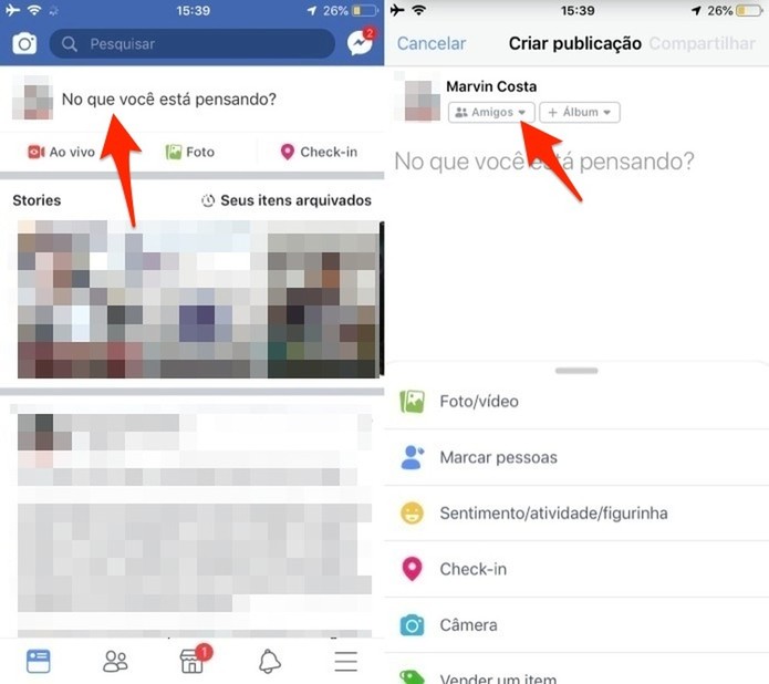 Ação para visualizar a opção de privacidade de posts do Facebook pelo celular (Foto: Reprodução/Marvin Costa) Ação para visualizar a opção de privacidade de posts do Facebook pelo celular (Foto: Reprodução/Marvin Costa)