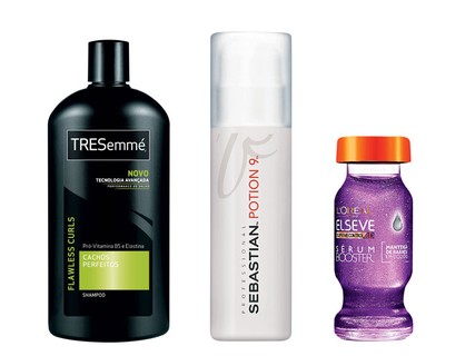 Para cabelos cacheados: Shampoo Cachos Perfeitos, Tresemmé, R$ 12; Leave-in Potion 9, Sebastian, R$ 139; Sérum de Disciplina, Elseve, R$ 10