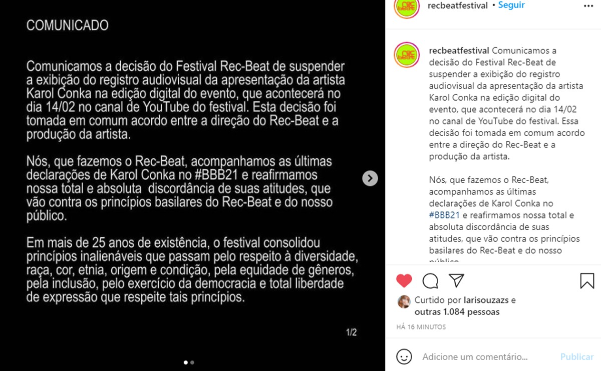 Comunicado do festival (Foto: Reprodução/Instagram)