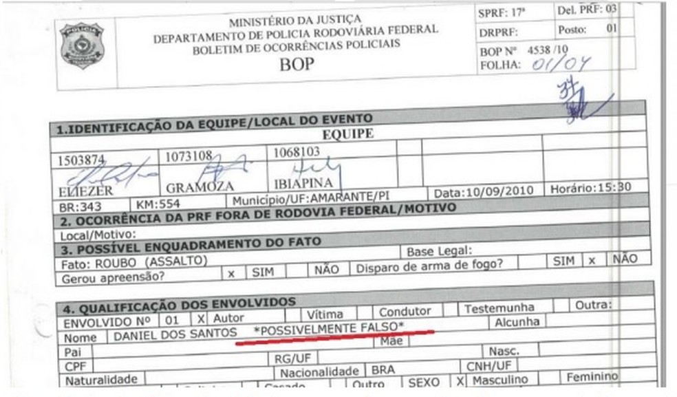 Boletim de Ocorrência Policial da PRF alertou 10 anos atrás que criminoso usou documento falso — Foto: Divulgação/Jairo Lima Advogados Associados