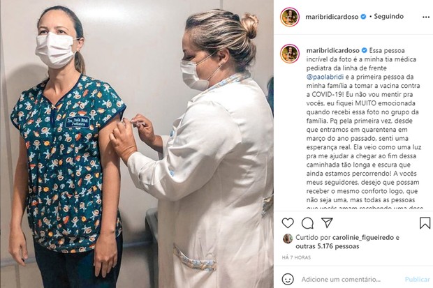 Mari Bridi se emociona com tia Paola Bridi, que é médica, sendo vacinada contra a Covid-19 (Foto: Reprodução/Instagram)