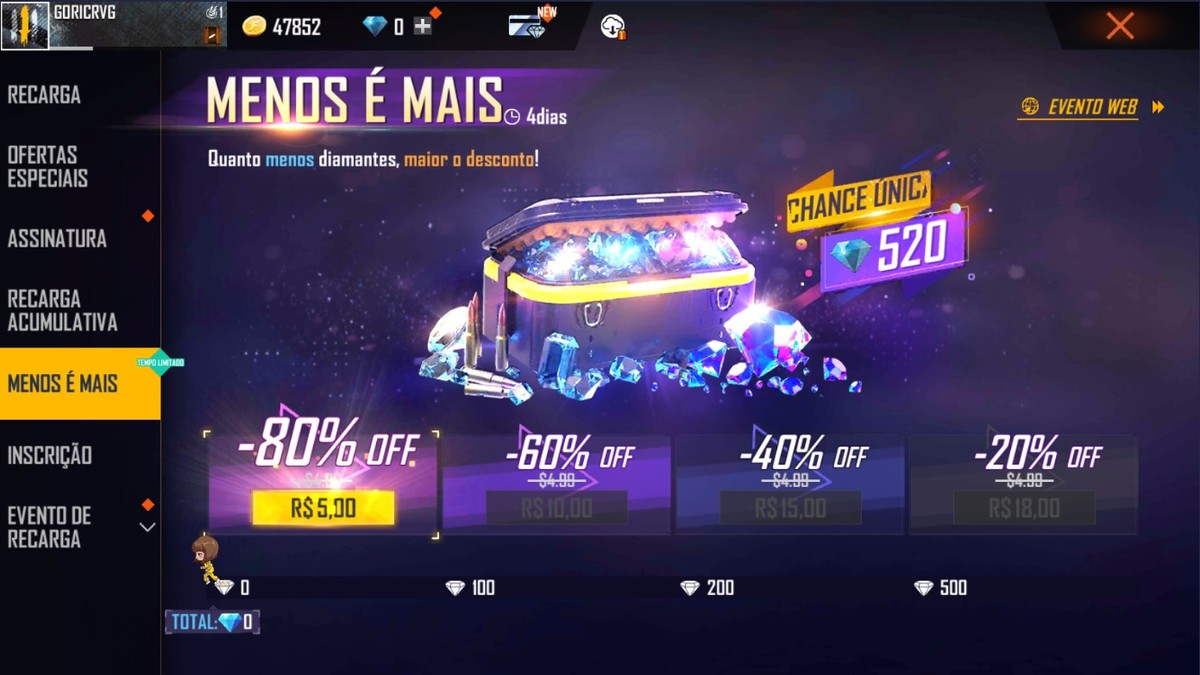 Free Fire: evento dá desconto em diamantes no app ou via Recarga Jogo