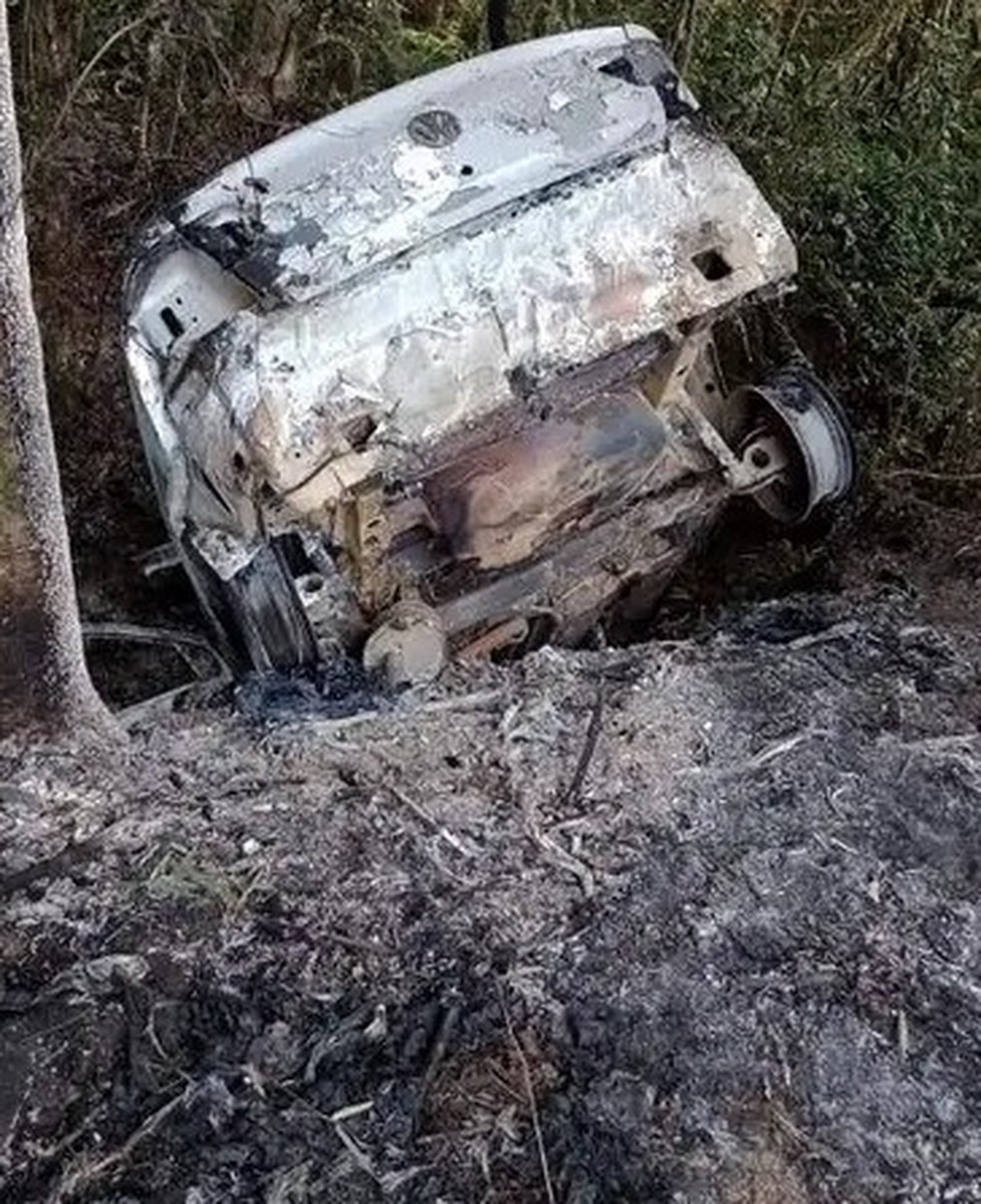 Carro queimado que estava próximo ao corpo da vítima — Foto: Corpo de Bombeiros/Divulgação