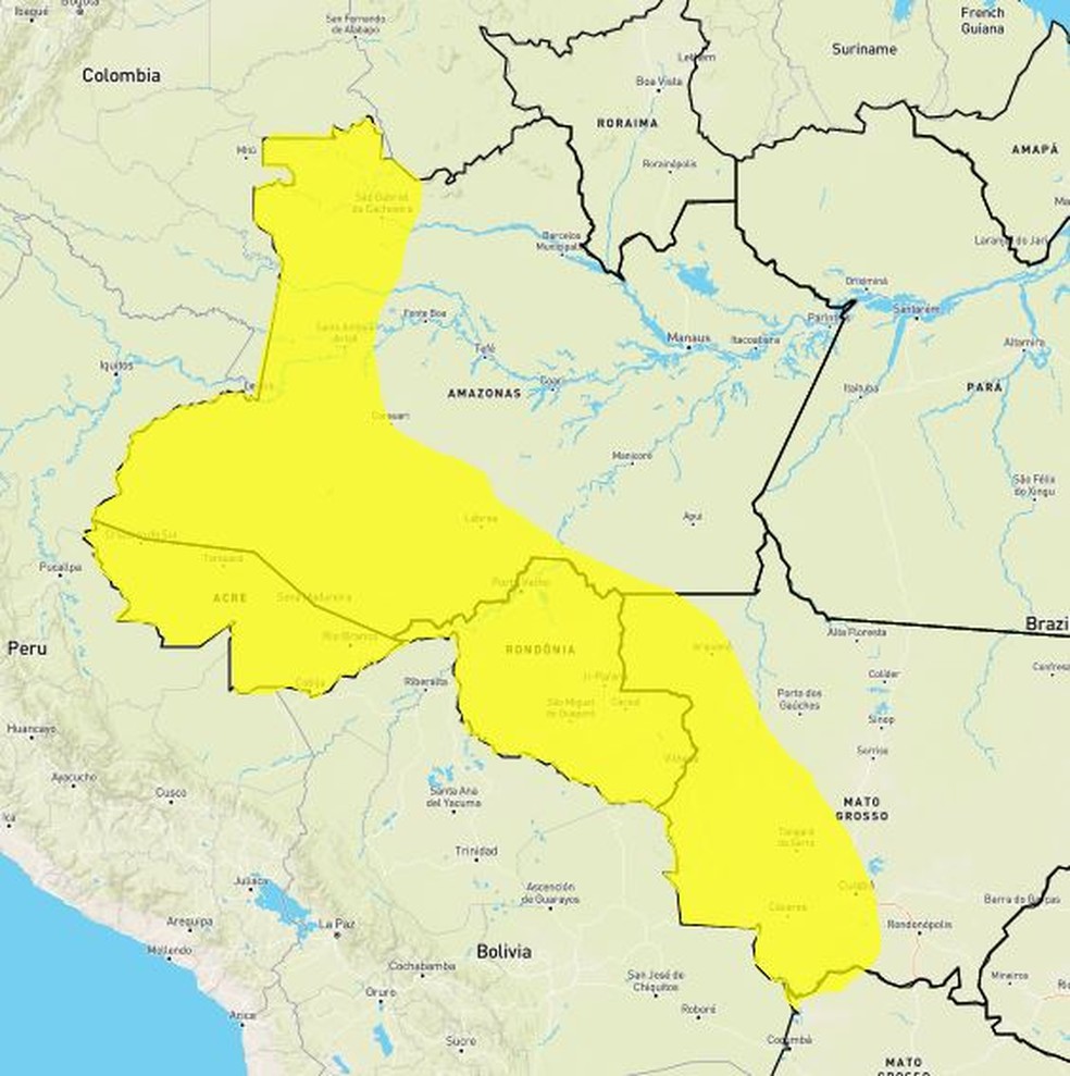 Alerta amarelo emitido pelo Inmet para Rondônia e região — Foto: Reprodução/Inmet