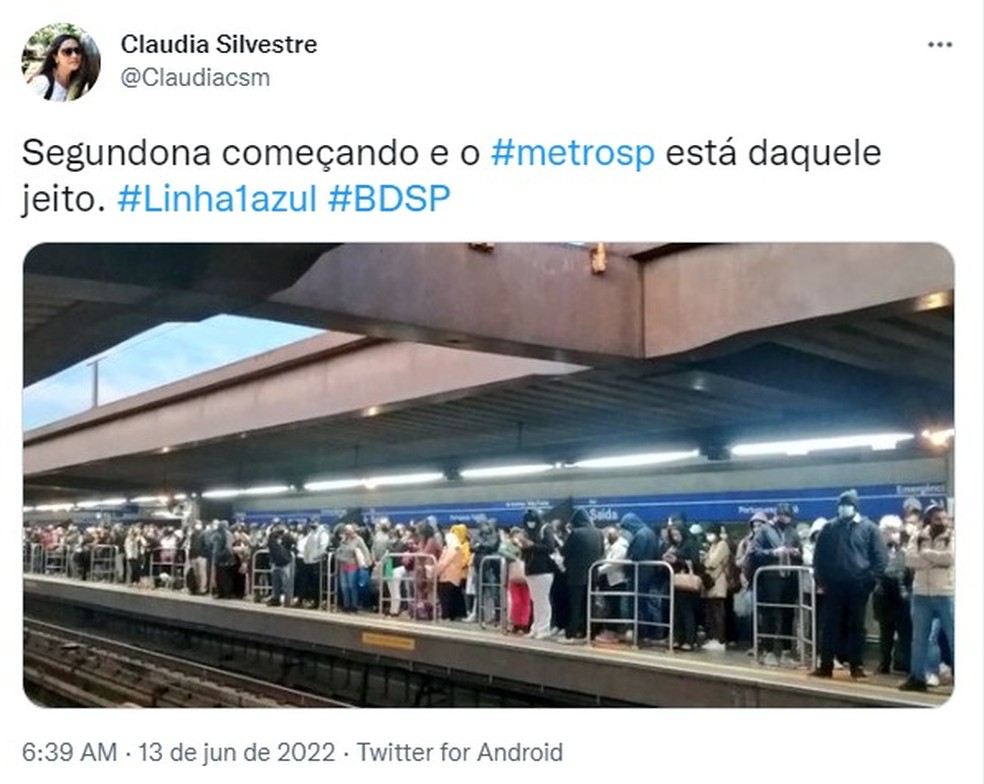 Usuários do Metrô reclamam de lotação nas plataformas após problema na Linha 1- Azul — Foto: Reprodução/Redes Sociais 