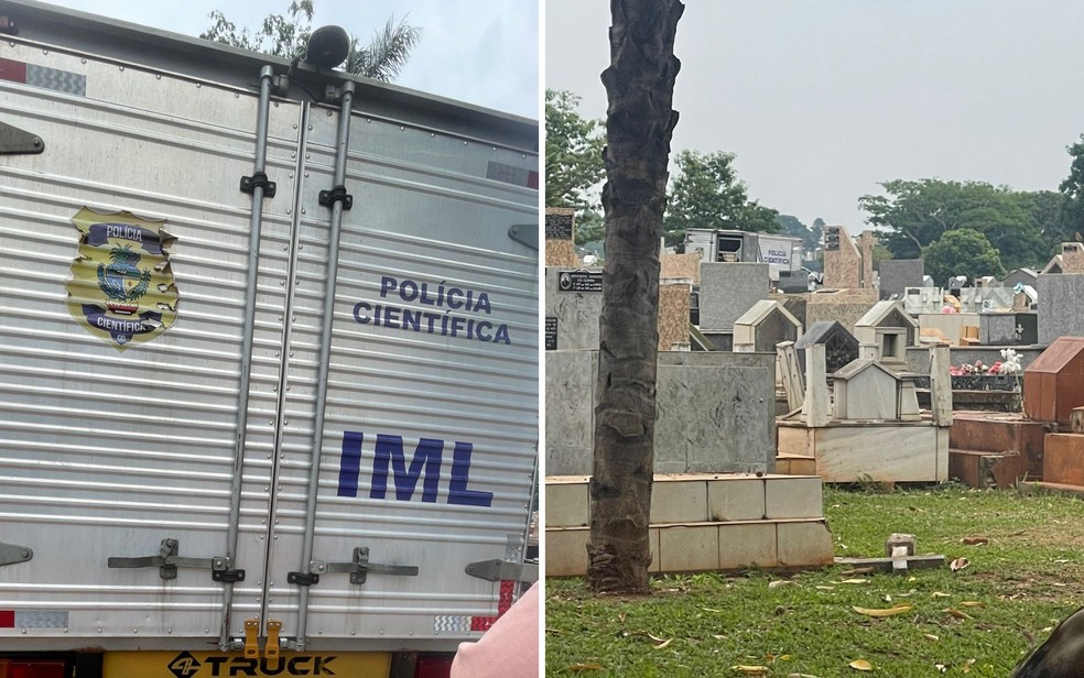 Montagem mostra foto de caminhão do IML e o Cemitério Parque, onde foi enterrado novamente o corpo do funcionário que morreu após por facetas, em Goiânia, Goiás — Foto: Montagem/g1 e Arquivo pessoal/Benedito Antônio Nascimento