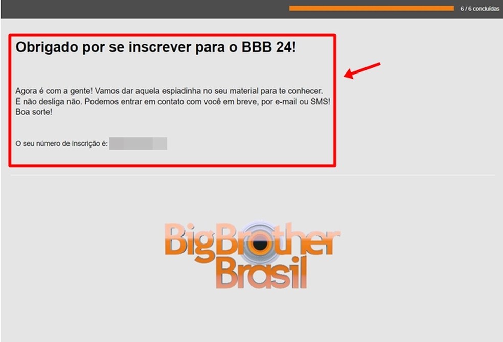 Ao final, é possível ver na tela a confirmação da inscrição no BBB 24 — Foto: Reprodução/Gabriela Andrade