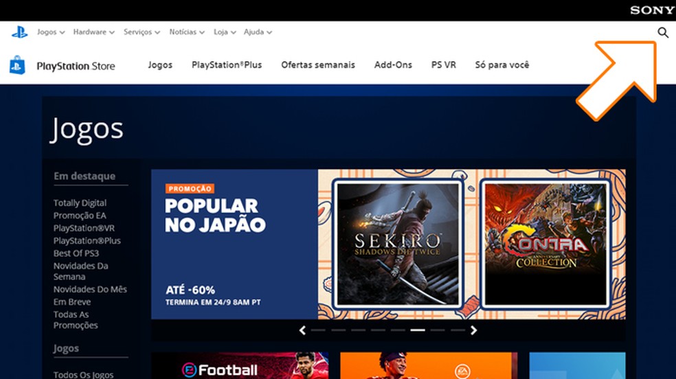 Clique na lupa no canto superior direito da PlayStation Store para procurar por PES 2020 — Foto: Reprodução/Rafael Monteiro