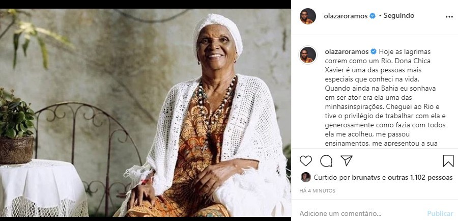 Lázaro Ramos lamenta a morte de Chica Xavier (Foto: Reprodução/Instagram)