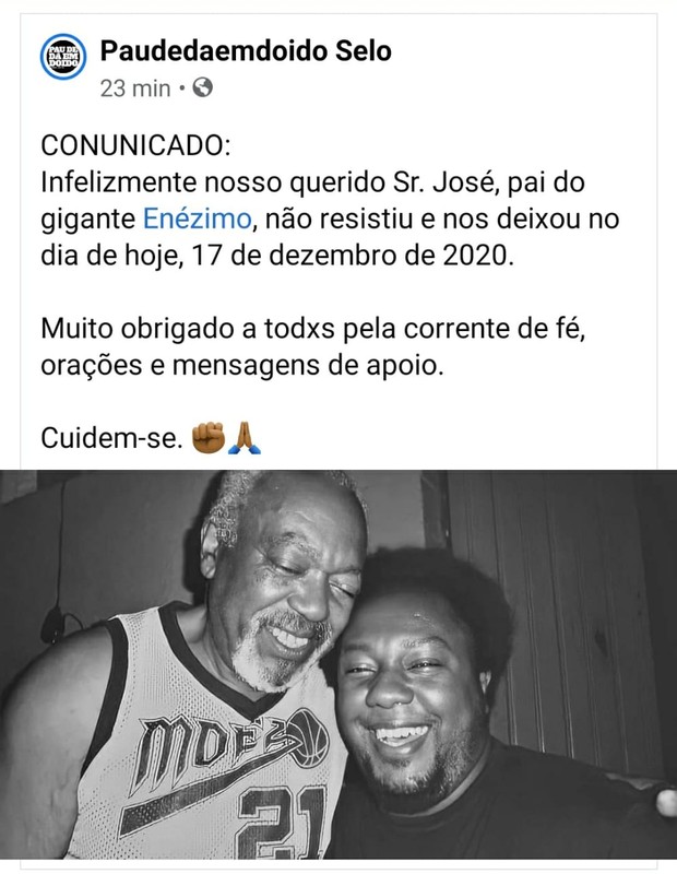 Sr. José, pai do rapper Enézimo, também morre de Covid-19, dois dias depois do filho (Foto: Reprodução/Twitter)