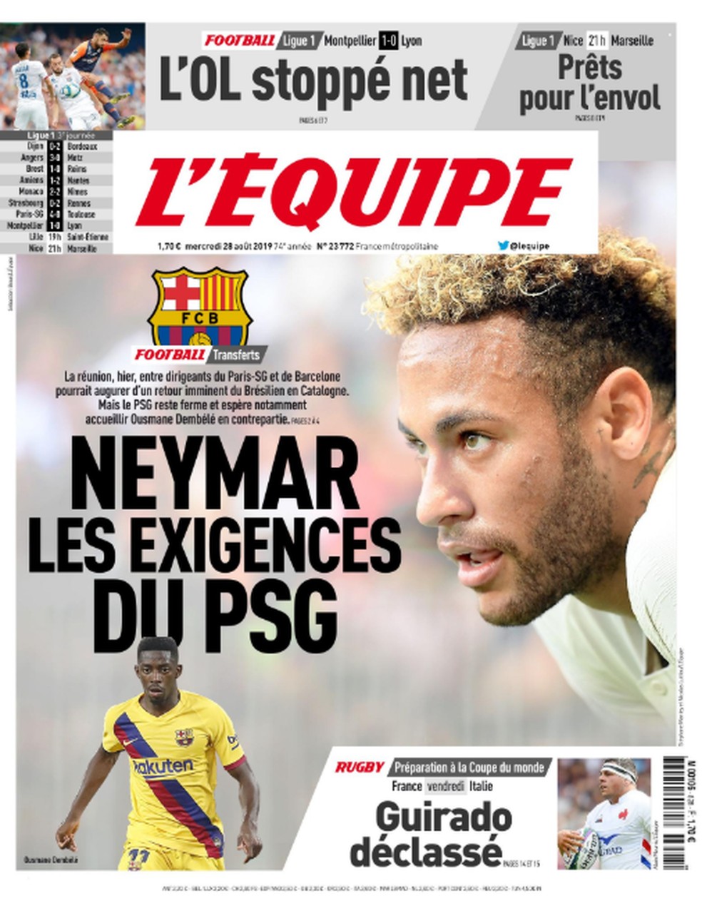 Capa do L'Équipe sobre Neymar, Barcelona e Paris Saint-Germain — Foto: Divulgação