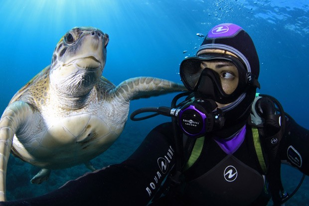 Tartaruga marinha parece posar para selfie ao lado da fotógrafa Montse Grillo (Foto: Solent/The Grosby Group)