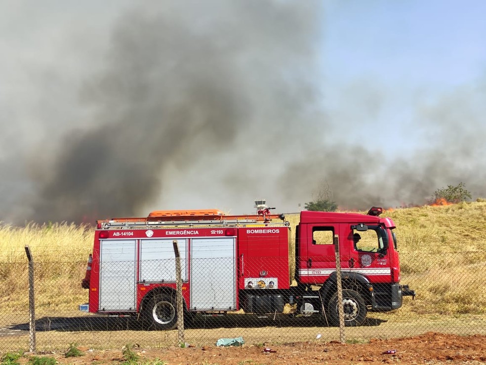 Incêndio em vegetação atingiu área do Aeroporto Estadual de Presidente Prudente — Foto: Murilo Zara/TV Fronteira