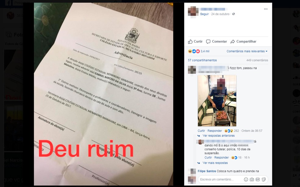 Um dos estudantes ainda postou foto de um documento falsificado, segundo colégio (Foto: Reprodução/Facebook)