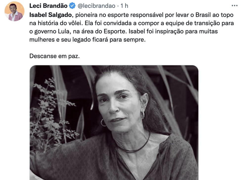 Leci Brandão fala sobre a morte de Isabel Salgado — Foto: Reprodução / Twitter