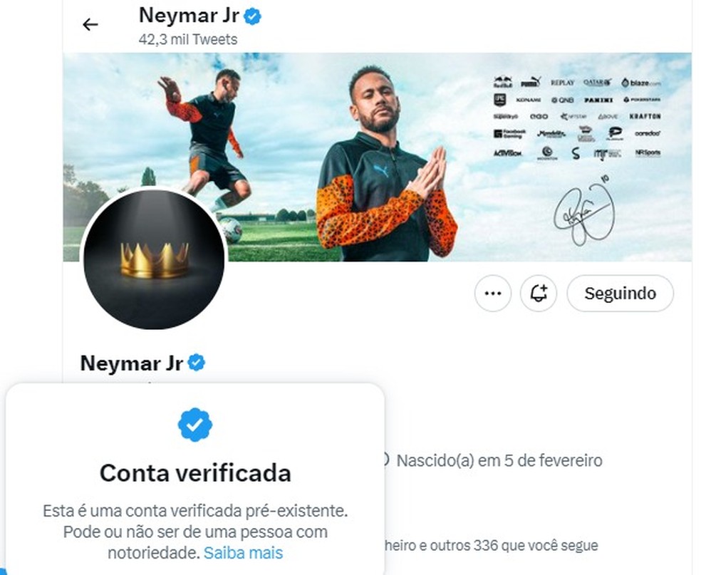 Até mesmo contas como de celebridades como Neymar têm alerta por terem sido verificados com sistema antigo — Foto: Reprodução/Twitter