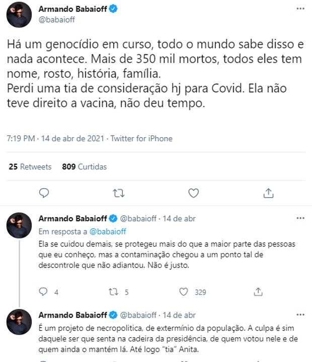 Armando Babaioff lamenta morte de tia pela Covid-19 (Foto: Reprodução/Twitter)