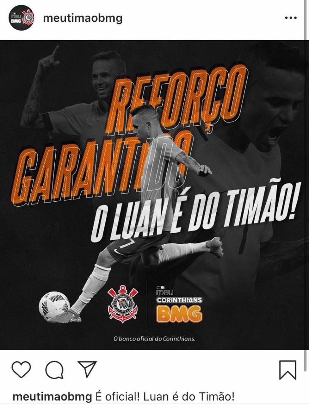 Corinthians anunciou a contratação pelo perfil do BMG — Foto: Reprodução