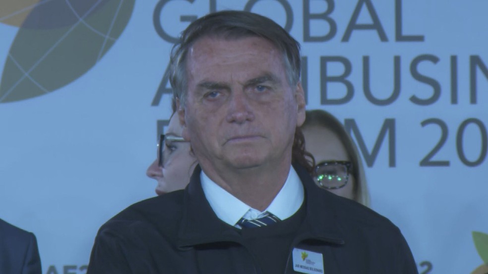 O presidente Jair Bolsonaro (PL) participa da abertura da Global Agribusiness Fórum 2022, em São Paulo, nesta segunda-feira (25). — Foto: Reprodução/TV Globo