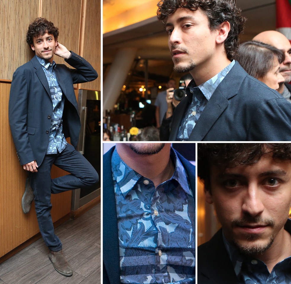 Jesuíta Barbosa usou terno de alfaiataria sem gravata para deixar visual sofisticado e, ao mesmo tempo, descontraído. A blusa social com estampa floral e listras deu toque fashion ao look (Foto: Isabella Pinheiro (foto) e Daniel Chevrand (arte) / Gshow)